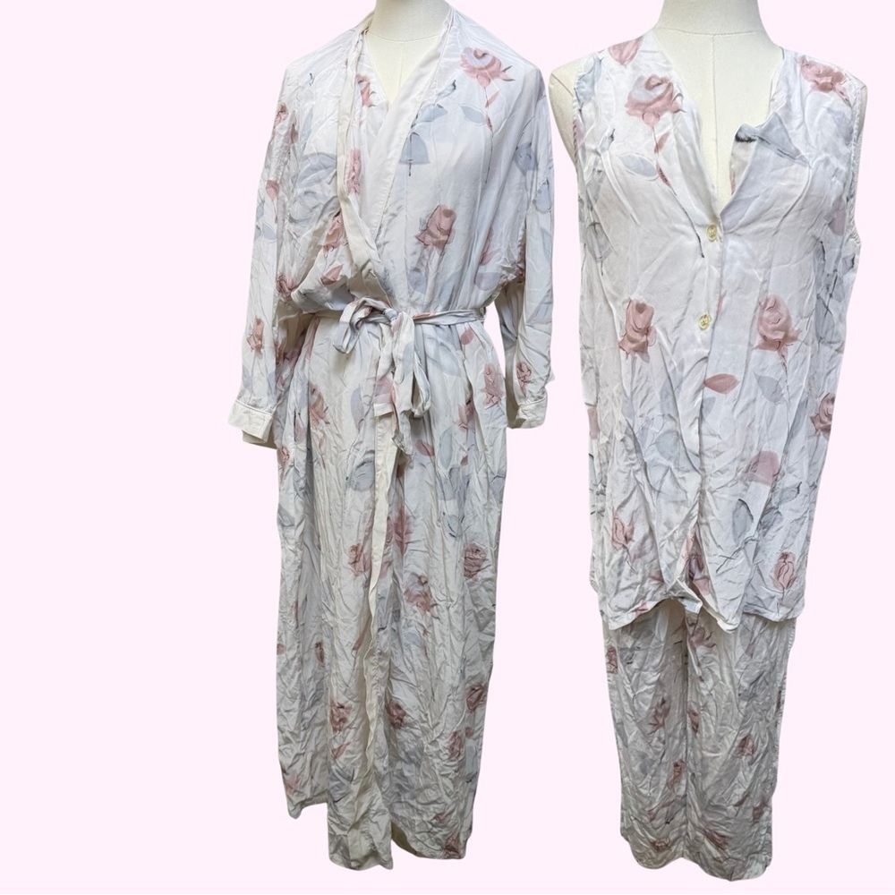 Vintage Halston Floral 100% Silk 3 Piece Set; Robe, Top, Bottom Size Medium
